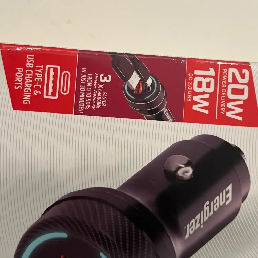 Energizer Max Dual Car Charger PD + QC 3.0 60W USB-A and‎ Type-C (m/x) (NEW)